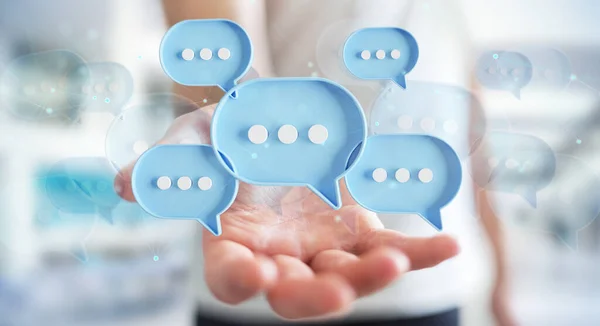 Businessman Using Digital Blue Speech Bubbles Talk Icons Minimal Conversation — Stock Photo, Image