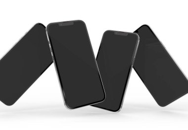 PARIS - Fransa - 15 Mart 2023: Yeni çıkan Apple Smartphone Iphone 14 profesyonel gerçekçi 3D görüntüleme - Gümüş renkli ön ekran modeli - Beyaz arka planda yüzen dört modern akıllı telefon