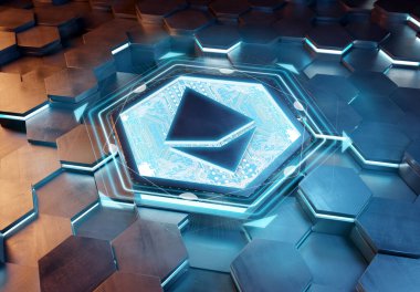 Mavi ve turuncu metal altıgen arkaplana oyulmuş ruhani simge konsepti. Soyut dijital yüzeyde parlayan kripto para birimi sembolü. 3d oluşturma