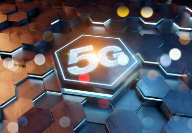 Mavi ve turuncu metal altıgen arkaplana oyulmuş 5G simge konsepti. Soyut dijital yüzeyde parlayan kablosuz teknoloji logosu. 3d oluşturma