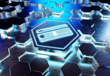 Mavi metal altıgen arka plana kazınmış ödeme kartı simgesi konsepti. Soyut dijital yüzeyde parlayan kredi kartı logosu. 3d oluşturma