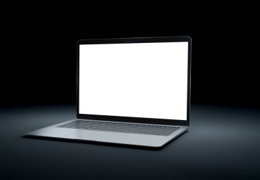 PARIS - Fransa - 15 Mart 2023: Apple Macbook Air, Silver color. Yan görüş. Koyu arkaplanda 3D dizüstü bilgisayar görüntüleme