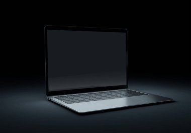 PARIS - Fransa - 15 Mart 2023: Apple Macbook Air, Silver color. Yan görüş. Koyu arkaplanda 3D dizüstü bilgisayar görüntüleme