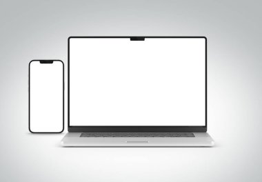 PARIS - Fransa - 15 Mart 2023: Apple Macbook Air ve Iphone 14, gümüş renkli. Yan görüş. Beyaz arkaplanda 3D dizüstü bilgisayar görüntüleme