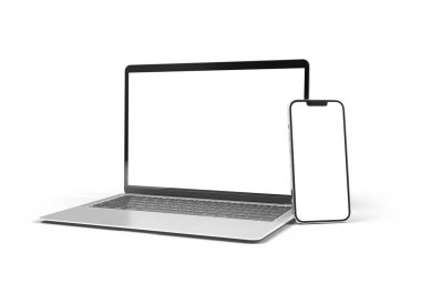 PARIS - Fransa - 15 Mart 2023: Apple Macbook Air ve Iphone 14, gümüş renkli. Yan görüş. Beyaz arkaplanda 3D dizüstü bilgisayar görüntüleme