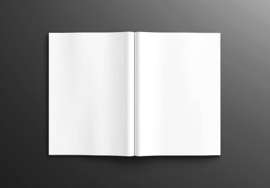 Açık dergi modeli siyah arka planda izole edildi. Boş yüzey üzerine broşür. 3B görüntüleme