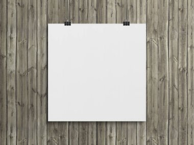 Tahta duvarda klipslerle asılı boş kare poster. 3B görüntüleme boşalt
