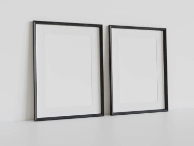 İki siyah dikdörtgen çerçeve, iç modelin beyaz zeminine dayanıyor. 3B bir duvardaki resimlerin şablonu