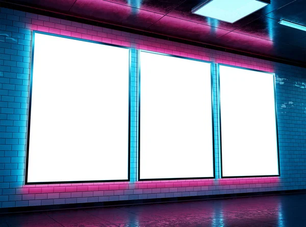Trzy Futurystyczne Pionowe Makiety Billboardowe Światłami Neonowymi Cyberpunk Styl Ramki — Zdjęcie stockowe