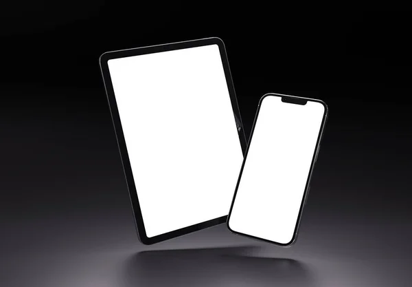 2023年9月1日 Apple Ipad Pro和Iphone 现实3D在黑暗背景下渲染模型 — 图库照片