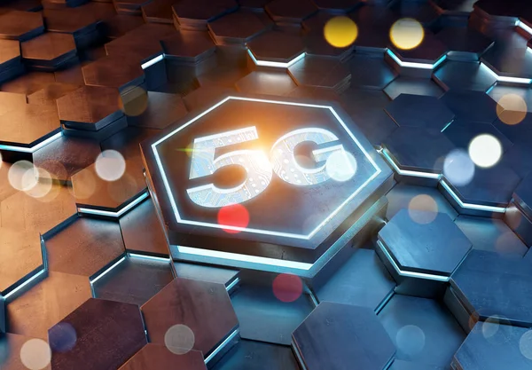 Mavi ve turuncu metal altıgen arkaplana oyulmuş 5G simge konsepti. Soyut dijital yüzeyde parlayan kablosuz teknoloji logosu. 3d oluşturma