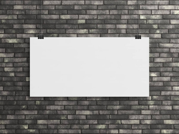 Blank horizontal poster hanging with clips on a brick wall Mockup. Empty frame 3D rendering