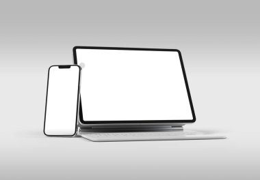 PARIS - Fransa - 1 Eylül 2023: Beyaz sihirli klavyeli Apple Ipad Pro ve İphone 14 - Beyaz arkaplanda gerçekçi 3D yorumlama
