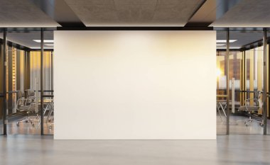 Boş duvar. Pencereli parlak ofiste model. Gün batımında boş şirket içi 3D görüntüleme