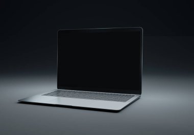 PARIS - Fransa - 15 Mart 2023: Apple Macbook Air, Silver color. Yan görüş. Koyu arkaplanda 3D dizüstü bilgisayar görüntüleme