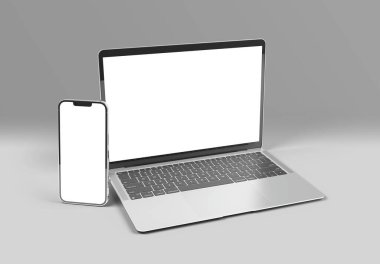 PARIS - Fransa - 15 Mart 2023: Apple Macbook Air ve Iphone 14, gümüş renkli. Yan görüş. Gri arkaplanda 3D dizüstü bilgisayar görüntüleme