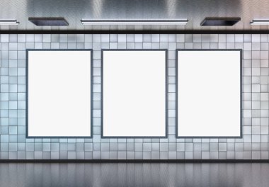 Yeraltı metro duvarında üç tane dikey reklam panosu var. Üç boyutlu reklam tablosu, tren istasyonunun iç mekânına istifçilik.