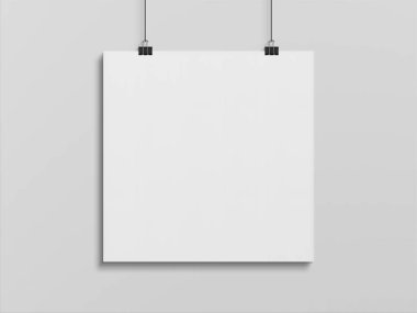 Beyaz duvarda klipslerle asılı boş kare poster. 3B görüntüleme boşalt