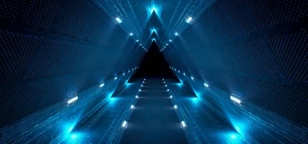 Futuristic interior corridor with blue neon lights walls. Triangle shaped spaceship background in space station. Pyramid style tunnel with lit path way. Cyber room with sci fi laser. 3d rendering