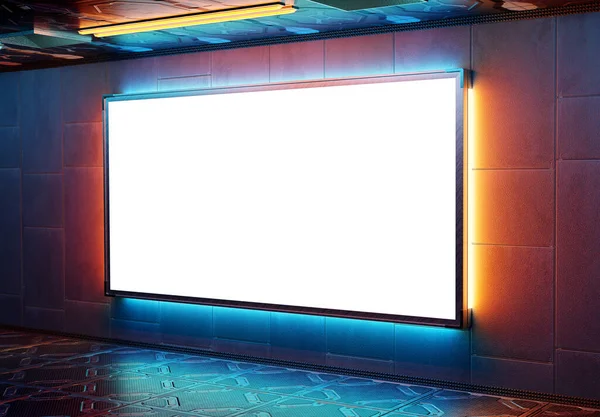 Futuristic Panoramic Billboard Mockup Modern Neon Cyberpunk Style Frame Interior — Stock Photo, Image
