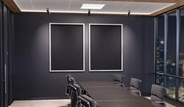 Two Vertical Frames Mockup Hanging Dark Office Meeting Room Mock — Stock Photo, Image