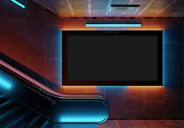 Futuristic Panoramic Billboard Mockup Modern Neon Cyberpunk Style Frame Interior — Stock Photo, Image