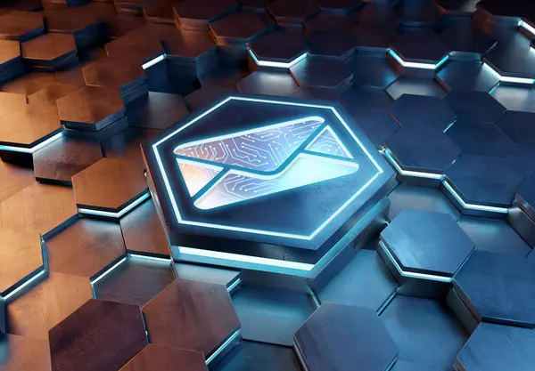 Email icon concept engraved on metal blue and orange hexagonal pedestral background. Mail Logo glowing on abstract digital surface. 3d rendering