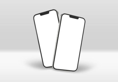 PARIS - Fransa - 15 Mart 2023: Yeni çıkan Apple Smartphone Iphone 14 profesyonel gerçekçi 3D görüntüleme - Gümüş renkli ön ekran modeli - Beyaz arka planda yüzen iki modern akıllı telefon