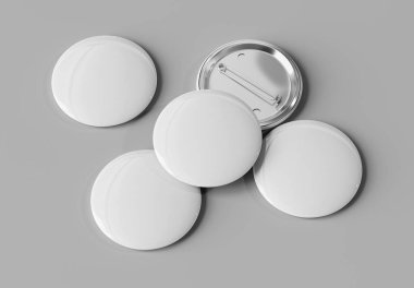 Rozet modeli gri arka planda izole edildi. Yansıması ve gölgesi olan beş toplu iğne şablonu 3D görüntüleme şablonu.