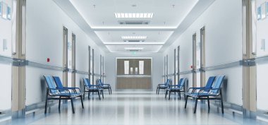 Odaları ve mavi koltukları olan uzun beyaz hastane koridoru. Boş bir kaza ve içinde parlak ışıklar olan acil bir iç mekan.