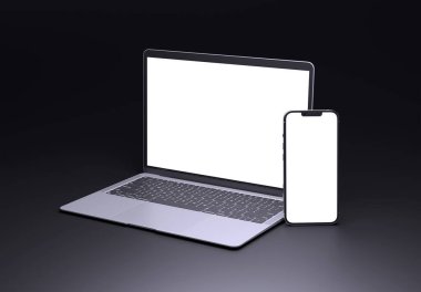 PARIS - Fransa - 1 Eylül 2023: Apple Macbook Air ve Iphone 14, gümüş renkli. Yan görüş. Koyu arkaplanda 3D dizüstü bilgisayar görüntüleme