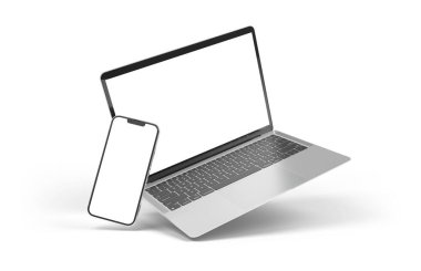 PARIS - France - April 28, 2022: Newly released Apple devices, Imac 24 desktop computer, Iphone 13 pro max mobile, Macbook laptop, Ipad tablet- 3d realistic rendering screen mockup on white background