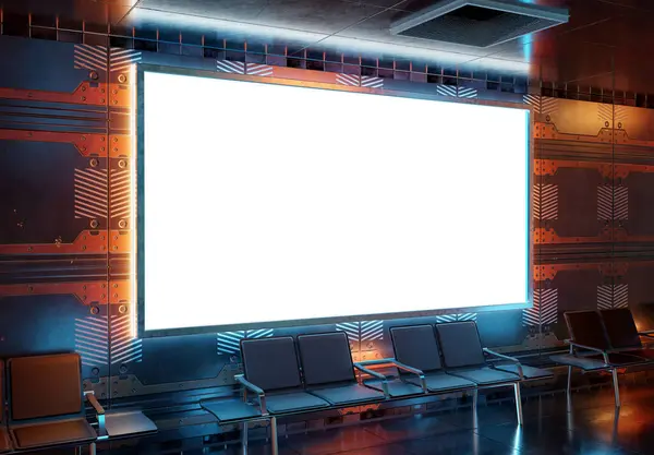 Futuristický Panoramatický Billboard Moderním Neonem Šablona Interiéru Stylu Cyberpunku Vykreslování — Stock fotografie