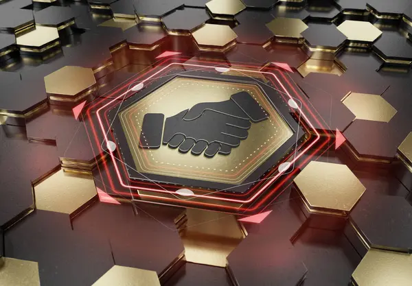 Handshake icon concept engraved on gold and black metal hexagonal pedestral background. Partnership logo glowing on abstract digital surface. 3d rendering