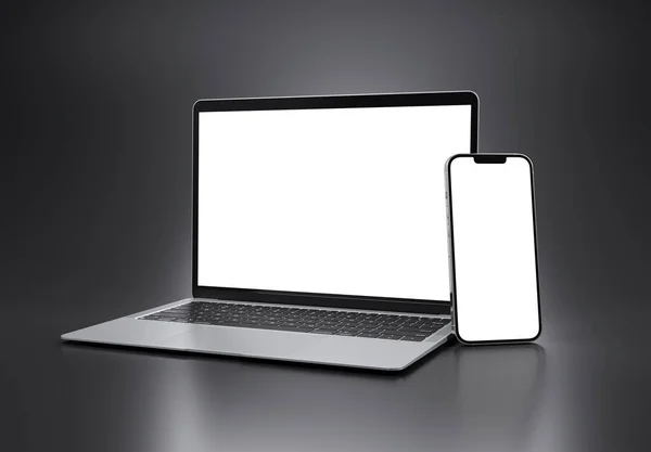 2023年3月15日 新发布Apple Macbook Air和Iphone Silver Color 侧视图 3D在灰色背景下渲染笔记本电脑屏幕模型 — 图库照片