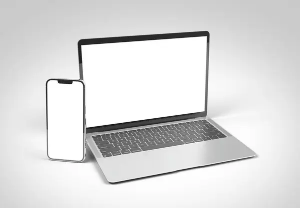 2023年3月15日 新发布Apple Macbook Air和Iphone Silver Color 侧视图 3D在白色背景下渲染笔记本电脑屏幕模型 — 图库照片