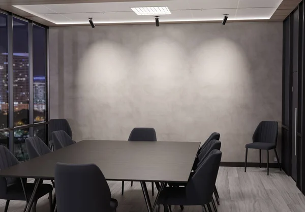 Empty Concrete Office Wall Mockup Night Modern Wooden Furnitures Spotlights — Stock Photo, Image