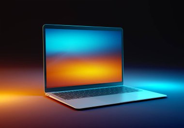 PARIS - Fransa - 15 Mart 2023: Apple Macbook Air, Silver color. Yan görüş. Koyu arkaplanda 3D dizüstü bilgisayar görüntüleme