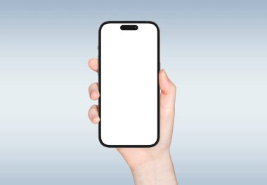 PARIS - Fransa - 1 Eylül 2023: Yeni çıkan Apple Smartphone Iphone 14 profesyonel maksimum gerçekçi 3D görüntüleme - Gümüş renkli ön ekran modeli - Gri arka planda modern akıllı telefonu tutan kadın
