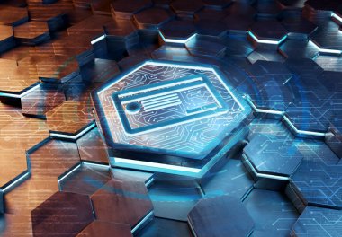 Mavi ve turuncu metal altıgen arka plana kazınmış ödeme kartı ikonu konsepti. Soyut dijital yüzeyde parlayan kredi kartı logosu. 3d oluşturma