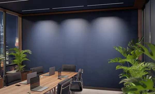 Empty Blue Office Wall Mockup Night Modern Wooden Furnitures Tropical — Stock Photo, Image