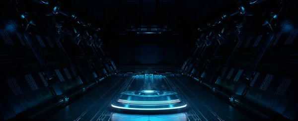 Blue Spaceship Interior Illuminated Projector Futuristic Corridor Space Station Glowing — Stock Photo, Image