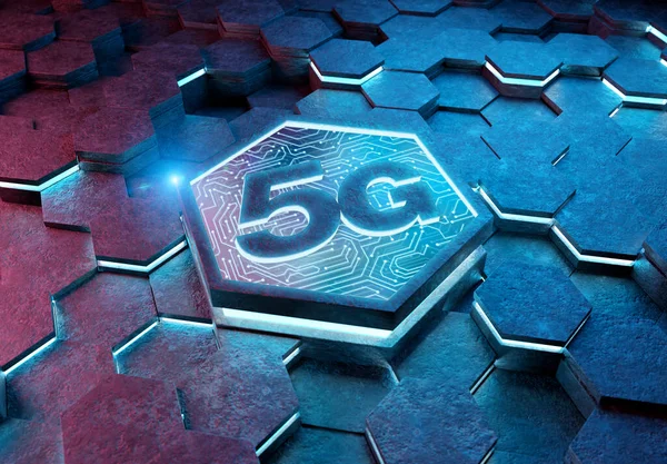 5G icon concept engraved on blue and pink metal hexagonal pedestral background. Wireless technology logo glowing on abstract digital surface. 3d rendering