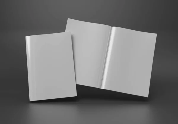 杂志封面和打开杂志模型的灰色背景 空白的小册子模板 3D渲染 免版税图库图片