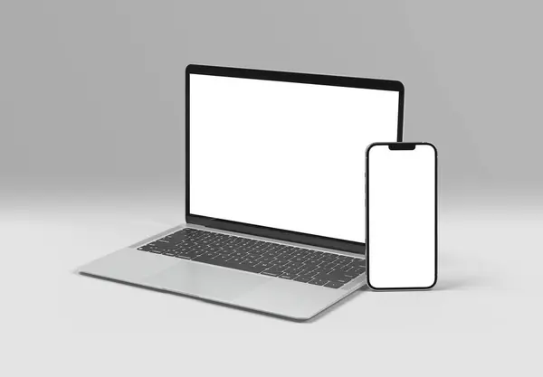 2023年9月1日 新发布Apple Macbook Air和Iphone Silver Color 侧视图 3D在白色背景下渲染笔记本电脑屏幕模型 图库图片