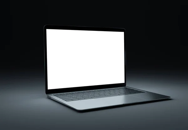 2023年3月15日 新发布的Apple Macbook Air Silver Color 侧视图 3D在黑暗背景下渲染笔记本电脑屏幕模型 图库图片