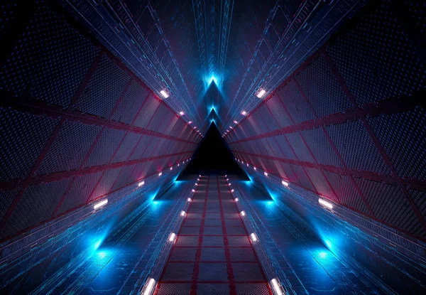Dreieckiger Raumschiffhintergrund Der Raumstation Futuristische Innenräume Mit Blau Rosa Neonlichtern Stockbild