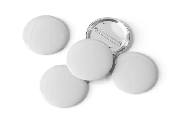 被白色背景隔离的徽章模型 带有反射和阴影的五个销按钮的3D渲染模板 免版税图库照片