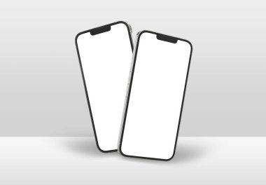 PARIS - Fransa - 15 Mart 2023: Yeni çıkan Apple Smartphone Iphone 14 profesyonel gerçekçi 3D görüntüleme - Gümüş renkli ön ekran modeli - Beyaz arka planda yüzen iki modern akıllı telefon