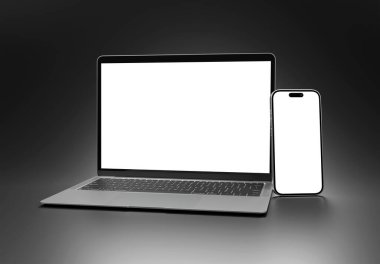 PARIS - Fransa - 27 Şubat 2024: Apple Macbook Air ve Iphone 15, Silver color. Yan görüş. Gri arkaplanda 3D dizüstü bilgisayar modellemesi